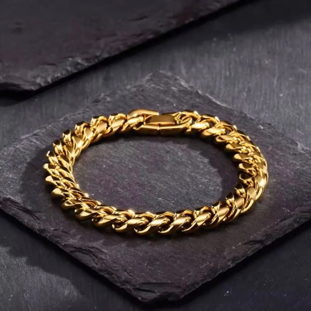 Gold Men's Curb Chain Bracelet - Stainless Steel Link Bracelet 12mm wide